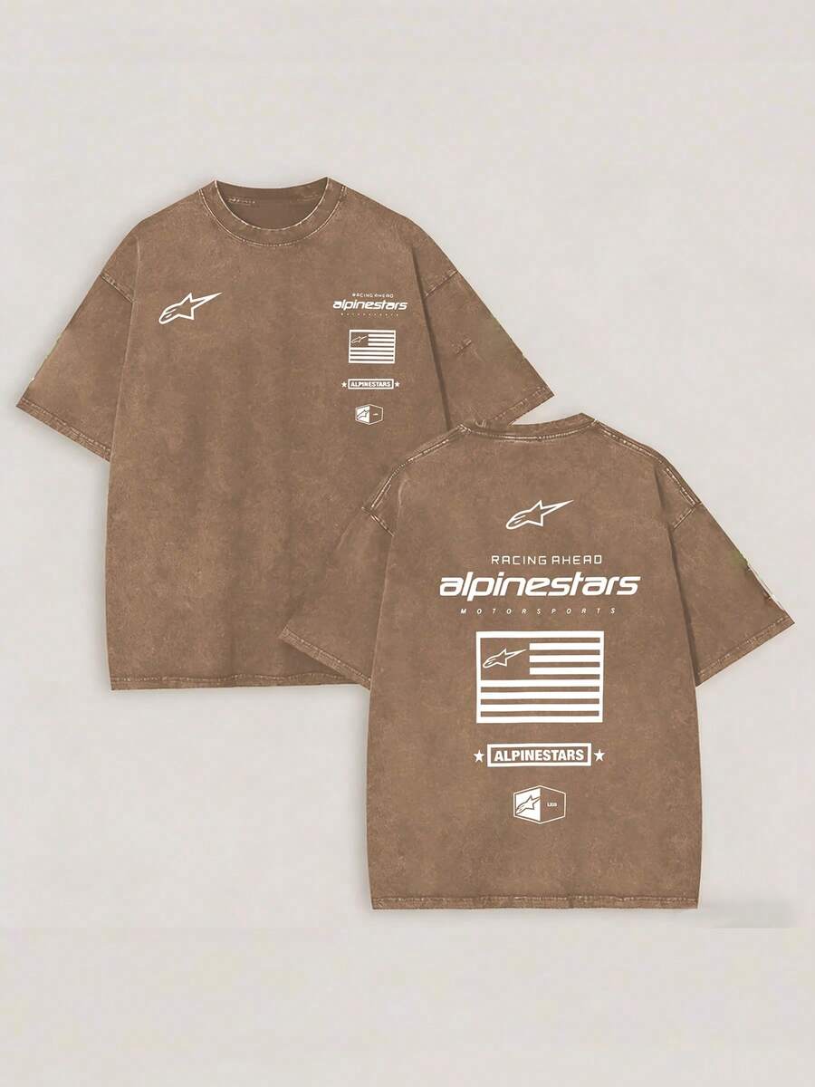230g Washed Multi-Station FOX Printed T-Shirt, High-Quality Batik Cotton Vintage Fashion Brand T-Shirt, Suitable For Everyday Wearing T-Shirts, Outdoor Holiday Sports, Gifts For Racing Enthusiasts,FOX. - 咖啡棕 - 查看 1