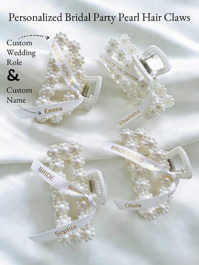 1/3pcs Personalized Bridal Party Floral Pearl Hair Claws, Custom Name & Wedding Role Gold Foil Printed Bridesmaid Proposal Gift Hair Clip, Bridesmaid Gift For Bridal Party, Maid Of Honour, Mother Of Bride, Wedding Hair Accessory Keepsake