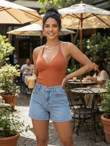 Women's Ribbed Tank Top In The Color Of The Year. Great Fit. Basic And Easy To Match. Minimalist With V-Neck And Neck Tie. Summer. - Terracotta - View 1