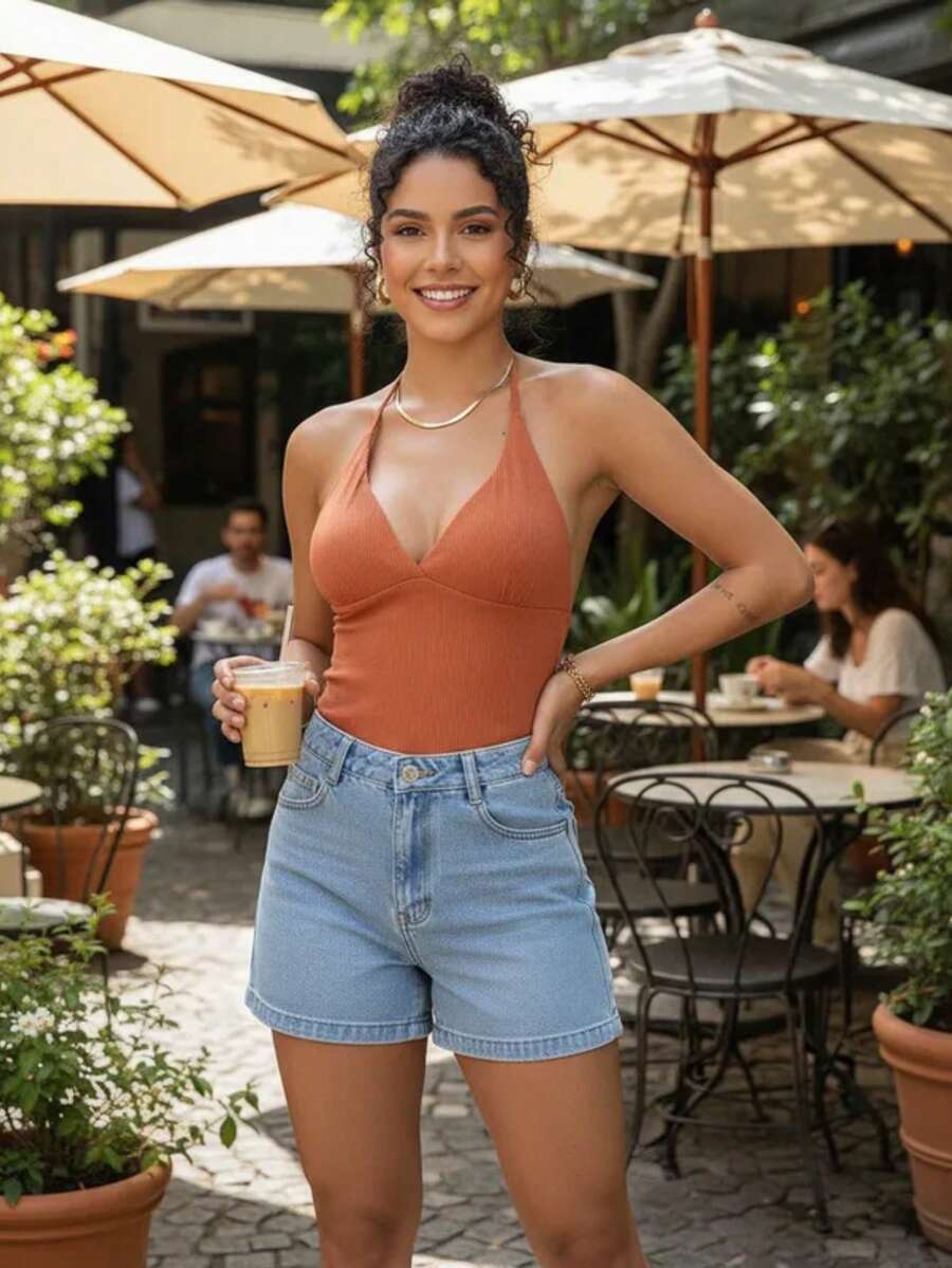 Women's Ribbed Tank Top In The Color Of The Year. Great Fit. Basic And Easy To Match. Minimalist With V-Neck And Neck Tie. Summer. - Terracotta - View 1