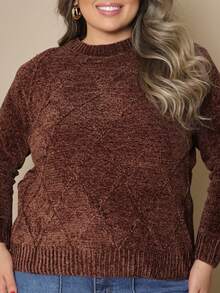 Plus Size Women's Knitted Sweater Long Sleeve Round Neck Casual Reverse FL-Sd2064 - 咖啡棕 - 查看 2