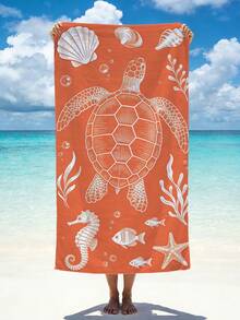 1pc Refreshing Ocean Style Sea Towel, White Outline Ocean Creature Print On Orange Background, Quick-Dry Absorbent Beach/Pool Towel, Perfect For Vacation & Photo Shoot - Multicolor - View 7