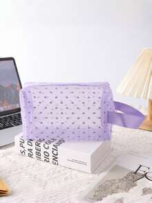 1 pieza Bolsa de maquillaje de red de nailon y poliéster con corazón púrpura, gran capacidad, transpirable, para almacenamiento de lápices labiales, bolsa de ducha liviana de malla con cremallera y asa, bolsa colgante portátil para almacenamiento de baño, que utiliza tecnología de secado rápido, bolsa de aseo portátil - Morado - Ver 6