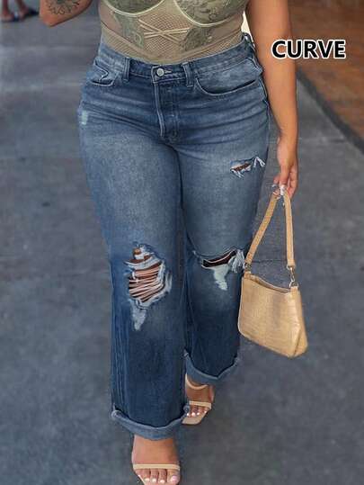 美国街头时尚日报 Joker 宽松休闲破洞腰部松紧带女士大码直筒牛仔裤，适合春季穿着。