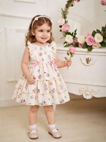 可爱女婴夏季漂亮连衣裙，时尚无袖圆领碎花荷叶边下摆连衣裙，饰有蝴蝶结（后背纽扣闭合）