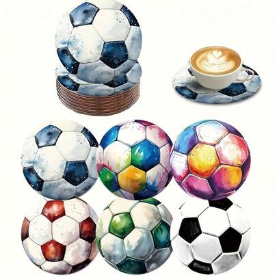 AFYPRTY 1 Set 3.94inch Wooden Soccer Coasters, Watercolor Football Pattern, Round Drink Mats For Bar, Home, Office, Man Cave, Game Night, Sports Bar, Soccer Fans, Father's Day, Birthday Gift