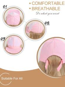 26英寸金色长卷发假发，配有粉色一体式棒球帽，耐热，适合日常佩戴 - 金色 - 查看 8