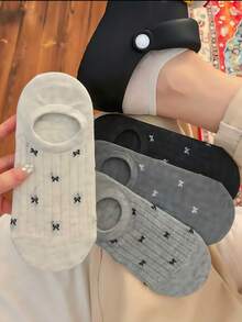 5 Pairs Random Bow Mesh Boat Socks For Women, Cotton Breathable Thin Low Cut Ankle Socks, Non-Slip Summer Socks - Multicolor - View 1