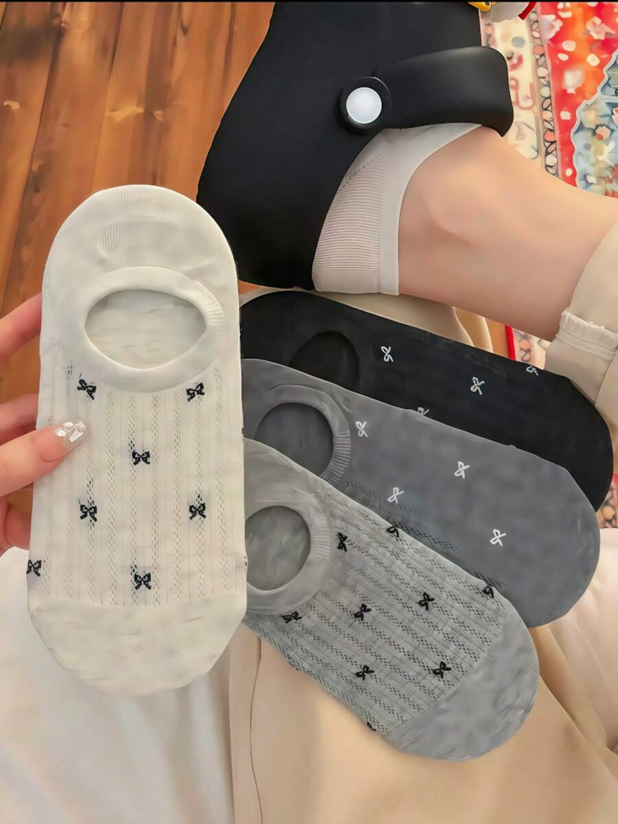 5 Pairs Random Bow Mesh Boat Socks For Women, Cotton Breathable Thin Low Cut Ankle Socks, Non-Slip Summer Socks - Multicolor - View 1