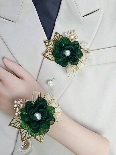 1 Bộ: 1 Hoa cài áo + 1 Hoa đeo cổ tay, Thiết kế hoa ly và hoa hồng thanh lịch với chất liệu hợp kim kim loại, Thích hợp cho chú rể, cô dâu, phù rể, phù dâu, đám cưới, lễ đính hôn, các sự kiện trang trọng, tiệc tùng.