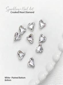 50pcs Crooked Heart Nail Rhinestones, Pointed Bottom Colorful Sparkling Heart & Heart K9 Glass Crystal Nail Art Decorations, Nail Accessories, Glitter Nails Nail Charms - White - View 7