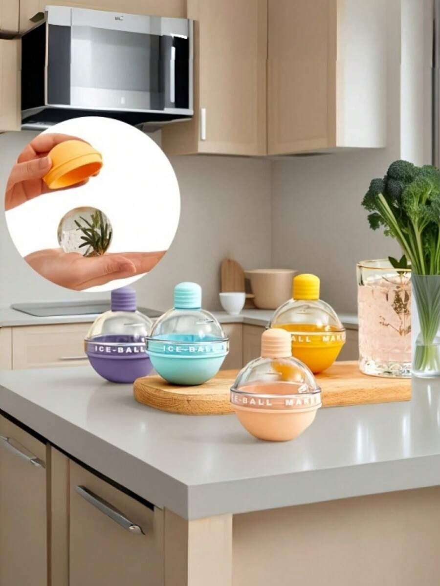 6个/4个/2个装硅胶灯泡冰球模具，适用于威士忌和鸡尾酒 - 圆形冰球模具 - 厨房工具 - 彩色 - 查看 1