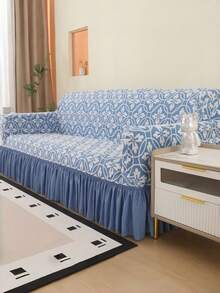 Vỏ bọc ghế sofa bằng vải nhung jacquard với viền chân váy co giãn, chất liệu sợi polyester đơn giản và hiện đại, phù hợp cho phòng khách và gia đình. - Xanh và trắng - Xem 7