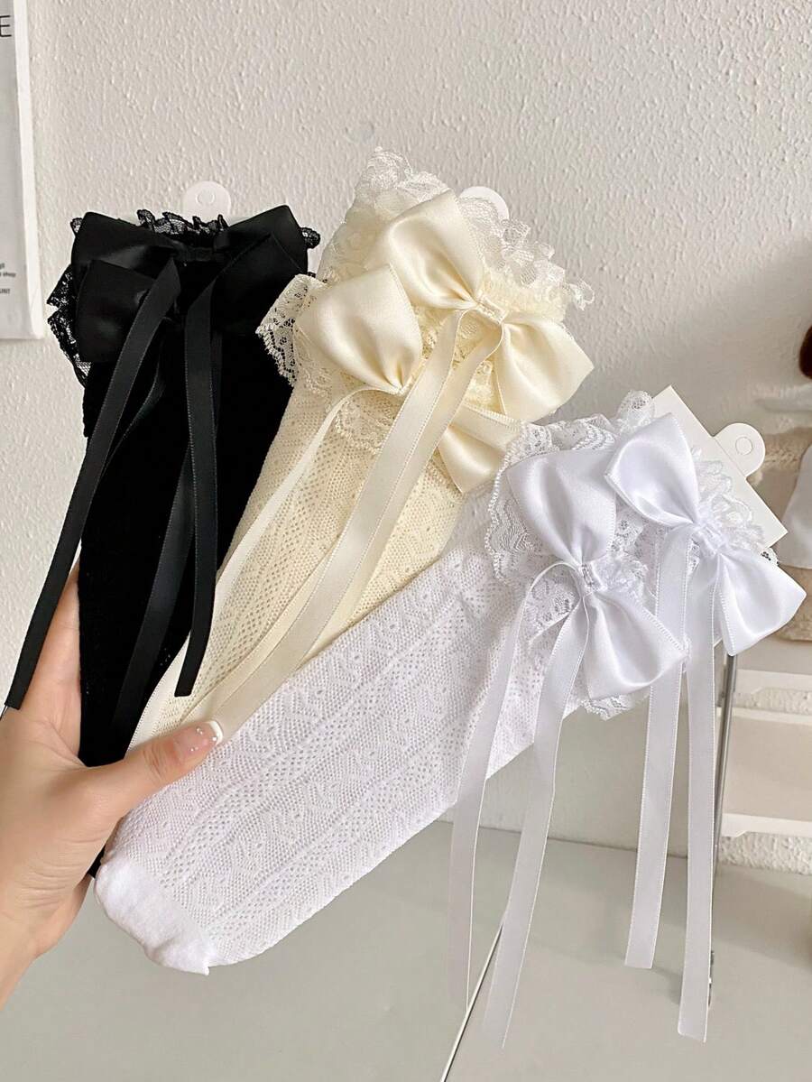 1/3 双春夏薄款过膝袜，芭蕾舞鞋款中筒袜，洛丽塔蝴蝶结袜，网眼镂空无跟长袜，蕾丝边直筒袜，心形图案袜 - 彩色 - 查看 1