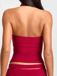 Women's Halter Neck Bustier Solid Color Cut-Out Backless Slim Fit Crop Camisole - Đỏ - Xem 3