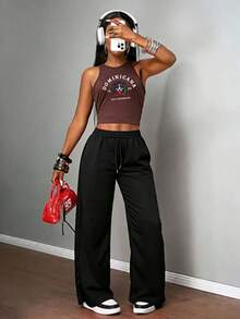 两件套女士多米尼加共和国印花露脐背心+黑色阔腿裤套装，休闲街头风慵懒装扮 - 駝色 - 查看 5