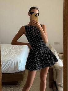 女士休闲优雅日常街头波点印花连衣裙，春夏款 - 黑 - 查看 1