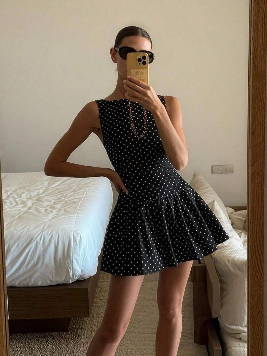 女士休闲优雅日常街头波点印花连衣裙，春夏款 - 黑 - 查看 1