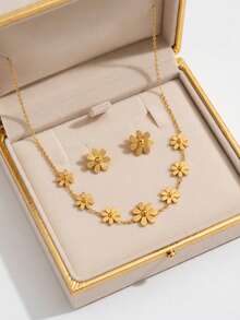 Bộ trang sức 3 món sang trọng mạ vàng hình hoa cúc, gồm dây chuyền, bông tai và mặt dây chuyền, thiết kế tối giản, đa năng bằng thép không gỉ mạ vàng 18K. - Vàng - Xem 3