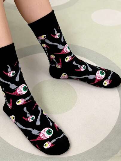 半双装时尚恐怖眼球袜，骷髅头和大眼睛图案，男女通用中筒袜，四季皆宜