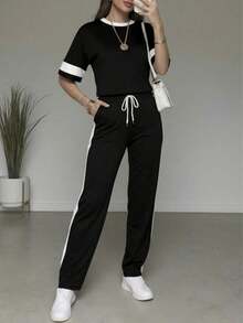 2pcs/Set Women's Casual Matching Contrast Color Round Neck Short Sleeve Top And High Waist Drawstring Straight Leg Pants, Spring/Summer - Black - View 3