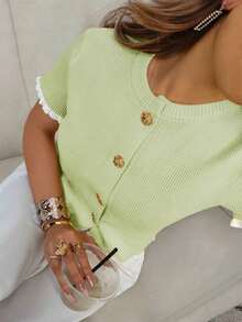 Women's Summer Button Ear Design Beige Knit Top, Elegant Casual Short Sleeve Knit Sweater, Suitable For Dates And Daily Wear - 綠色 - 查看 2