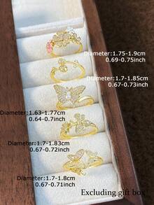 5件套奢华优雅盛开花朵和蝴蝶镶嵌立方氧化锆戒指套装，可调节铜戒指，适合日常、派对、度假佩戴（不含礼盒） - 金黃色 - 查看 4