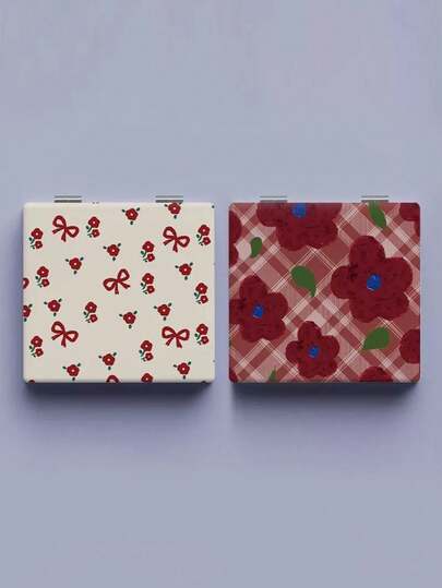 1pc Of Cherry-Shaped Bow-Shaped Small Square Mirror, Portable Pocket Makeup Mirror, Suitable For Travel Use, Double-Sided Folding Handheld Mirror, A Small Gift For Girls During Festivals.