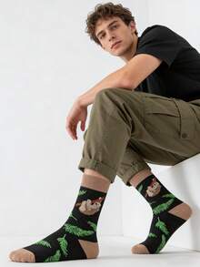 1 đôi tất nam màu đen và nâu phối hợp họa tiết hình con lười và cây dương xỉ hoạt hình, cao đến bắp chân, kiểu dáng thường ngày phù hợp cho mọi mùa. - Nhiều màu - Xem 4