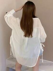Solid Color Drop Shoulder Long Sleeve Loose Casual Versatile Shirt White Summer - White - View 2