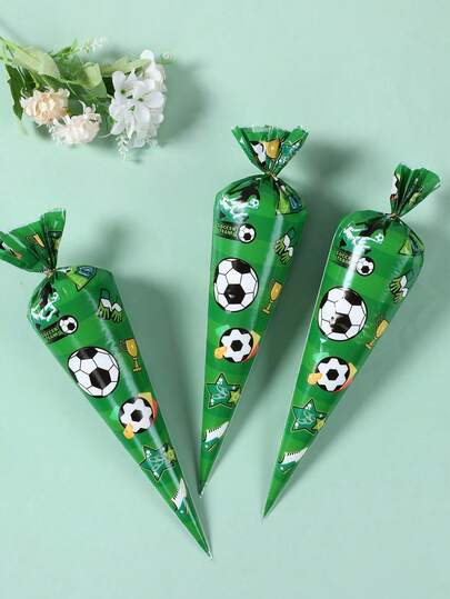 10pcs/50pcs Football Cone Gift Bags, Football Themed Birthday Party Favor Bags, Suitable For Trays, Party Kitchen Packaging, Valentine's Day