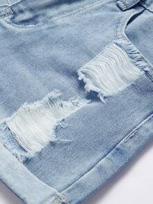 Teen Girls Straight Casual Fashionable Ripped Denim Shorts, Slim Fit - Light Wash - View 5