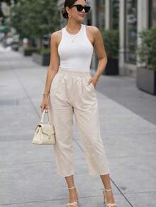 Pantalón dama mujer cintura elástica delgado y fresco para verano de moda casual unicolor - Hueso - Ver 3