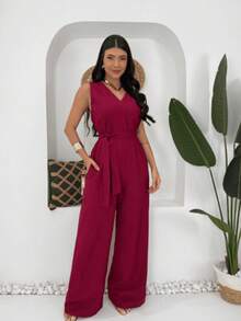 Macacão Pantalona Decote V Regata com cinto alfaiataria - Vinho - Visão 1