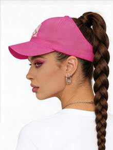 1pc Solid Color Open Back Ponytail Baseball Cap With 26 Letters, Women Fashion Sports Sun Hat For Outdoor UV Protection,Summer,Beach - Hot Pink - View 4