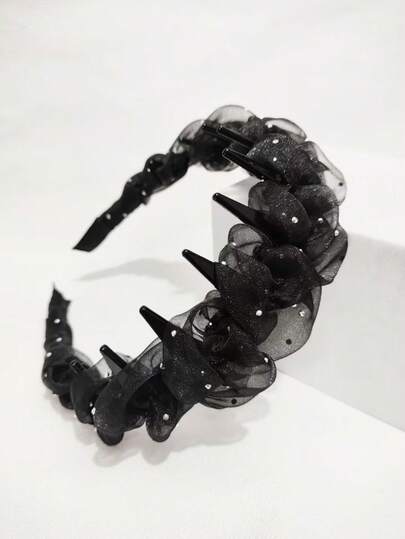  1件装高级网眼水钻休闲波西米亚风派对可爱性感优雅街头风水晶（玻璃）女士缠绕式发带，经典黑色，适合所有季节