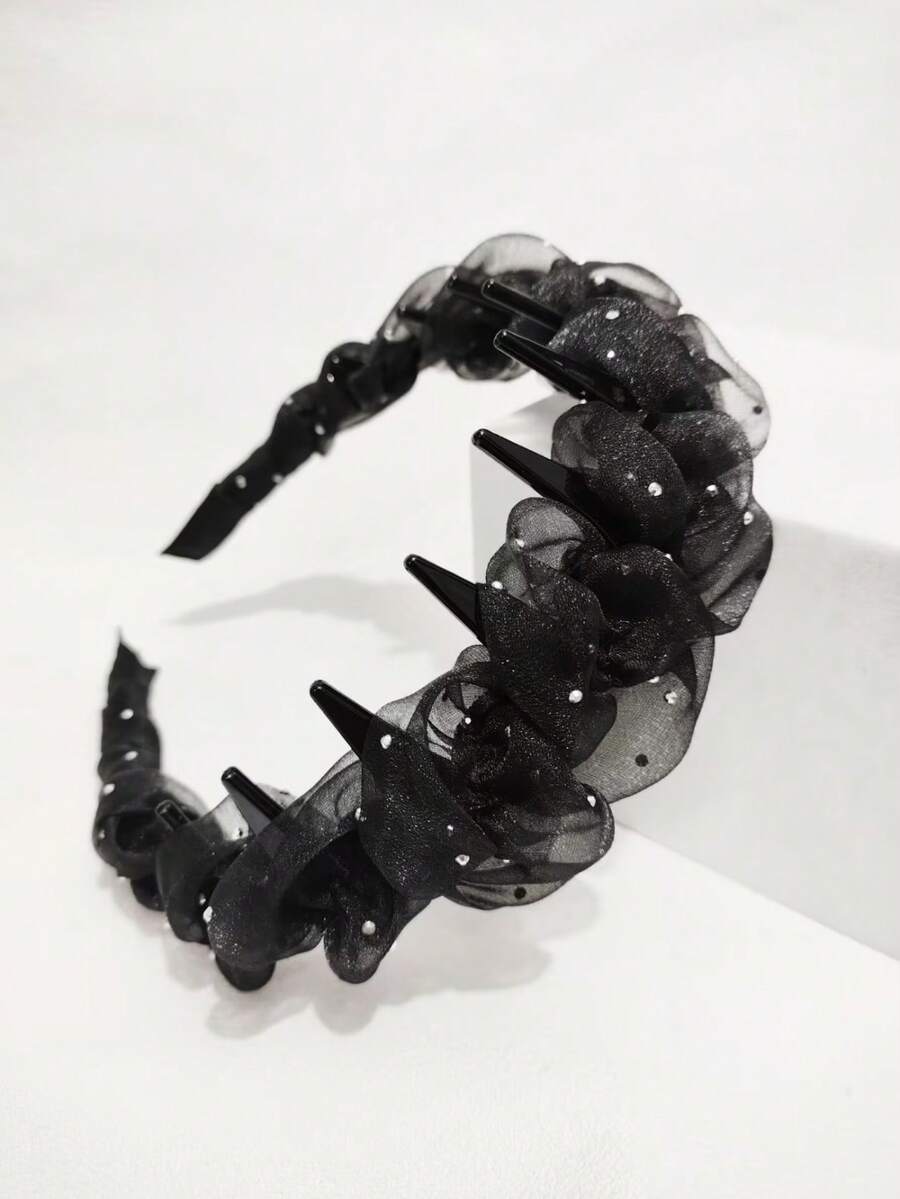 1件装高级网眼水钻休闲波西米亚风派对可爱性感优雅街头风水晶（玻璃）女士缠绕式发带，经典黑色，适合所有季节