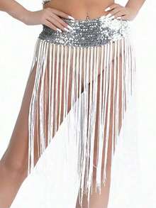 Belly Dance Long Tassel Sequin Waist Skirt, Latin Dance Stage Performance Waist Accessory, Dance Performance Accessory (Multiple Colors Available) - Multicolor - View 21