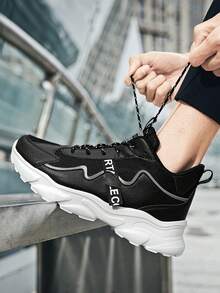 Men's Black And White Sneakers With Chunky EVA Sole Wave Design Side Logo Stylish Athletic Shoes For Modern Urban Look Streetwear Fashion Casual Wear - Đen và trắng - Xem 2