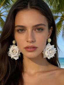 imoli 一对波西米亚风涤纶拉菲草3D玫瑰花耳环,小众礼物,适合女性海滩度假 - 彩色 - 查看 8