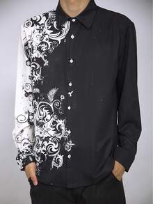 Men's Fashionable Printed Casual Shirt, Turn-Down Collar Button Long Sleeve Shirt - Black - View 3