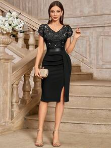 MIUSOL Elegant Sequin Lace Puff Sleeve Ruched Split Thigh Cocktail Party Bodycon Dress,Semi Formal Women Dress,For Wedding Guest, Graduation, Dinner - Black - View 9