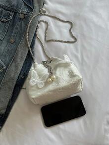1pc White Butterfly Embroidered Crossbody Bag, Featuring Metal Chain Strap For Elegant & Versatile Look - White - View 9