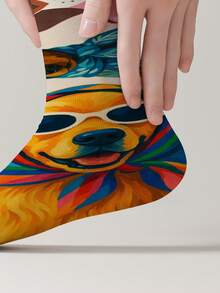 1 Pair 360° Printed Cartoon Puppy Pattern Crew Socks, Cute Dog Print Mid-Calf Socks, All-Season Unisex Comfort Casual Socks, Novelty Fun Pattern Socks - Multicolor - View 5