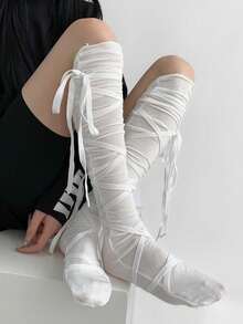 1 Pair White Lace-Up Knee High Socks For Women, Unique Cross Bow Tie Design Thigh High Stockings, Stretchy Ballerina Socks Suitable For Daily Wear, Party, Cosplay And Streetwear, Spring/Summer - trắng - Xem 1