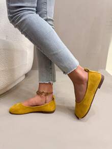 1 Đôi giày bệt đế mềm thoải mái mới, giày da lộn tối giản cổ thấp cho bé gái tuổi teen, giày cổ thấp màu vàng tươi tắn - gừng - Xem 3