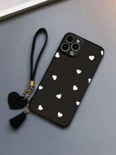 1个带穿孔边缘的心形彩色彩绘加厚防震手机壳，配有可拆卸新款皮革心形腕带和流苏吊坠，适用于 15 Pro Max、16 Pro Max、14、13、12、XS、XR、7/8、A50、A12、A32、A52、A72、A51、A21S、A13、A14、S22 Ultra、S23、A33、A53、S20 FE、11、12 Pro、12/12X、Note 11、9A、9C、Poco X3 NFC、10、9、Note 9、12C、Note 11 Pro、10C、Note 8 Pro