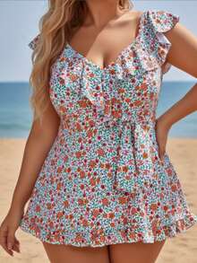 Plus Size Fresh Ditsy Floral Skirted Two Piece Swimsuit - V-Neck Ruffle Top With Waist Tie Modest Tummy Control Swimwear - Multicolor - View 4