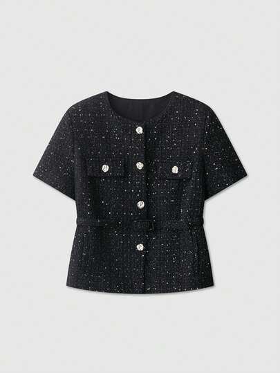 Women's Round Neck Single-Breasted Elegant Belted Tweed Short Sleeve Jacket Black Summer