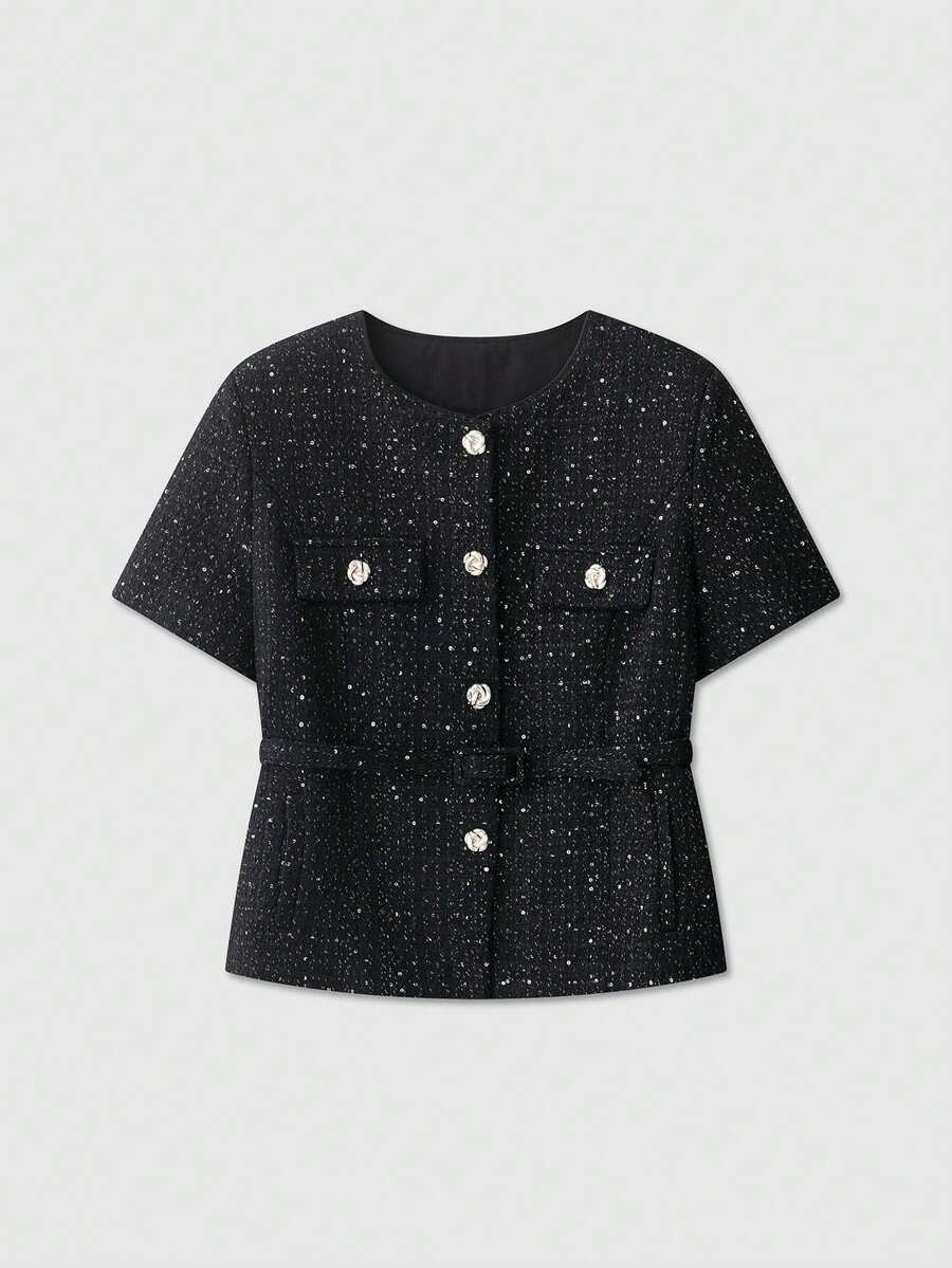 Áo khoác nữ tay ngắn cổ tròn, cài một hàng khuy, chất liệu tweed, màu đen, kiểu dáng thanh lịch, có thắt lưng, thích hợp cho mùa hè. - màu đen - Xem 1